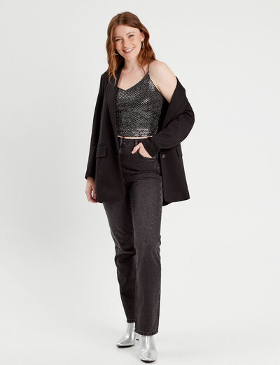 Débardeur cropped paillettes couleur argent femme