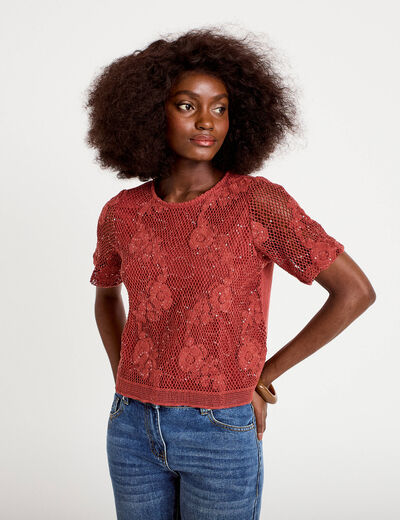 T-shirt manches courtes aspect dentelle vieux rose femme
