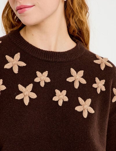 Pull oversize brod&eacute; manches longues marron fonc&eacute; femme