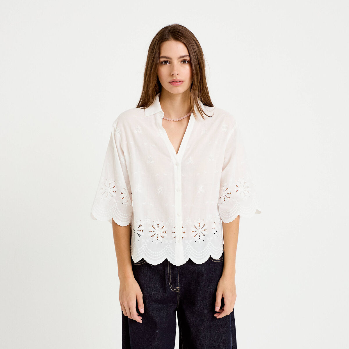 Chemise droite col classique manches 3/4 ecru femme