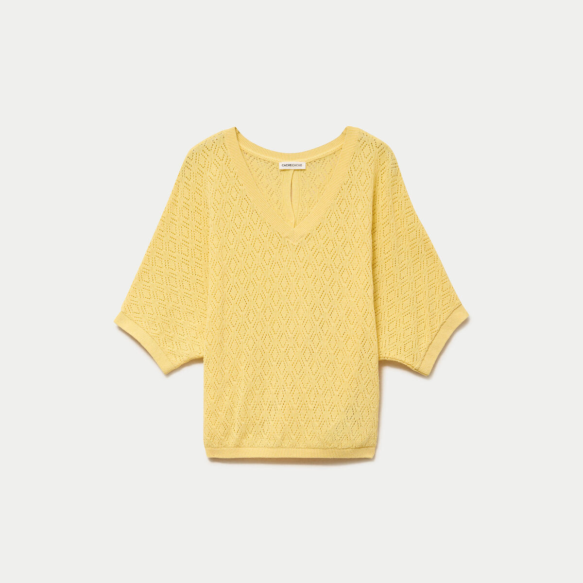 Pull ajour&eacute; col v manches courtes jaune pastel femme