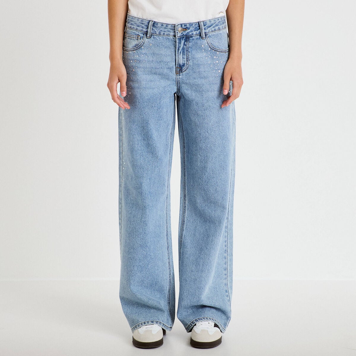Jean wide leg taille basse strass denim triple stone femme