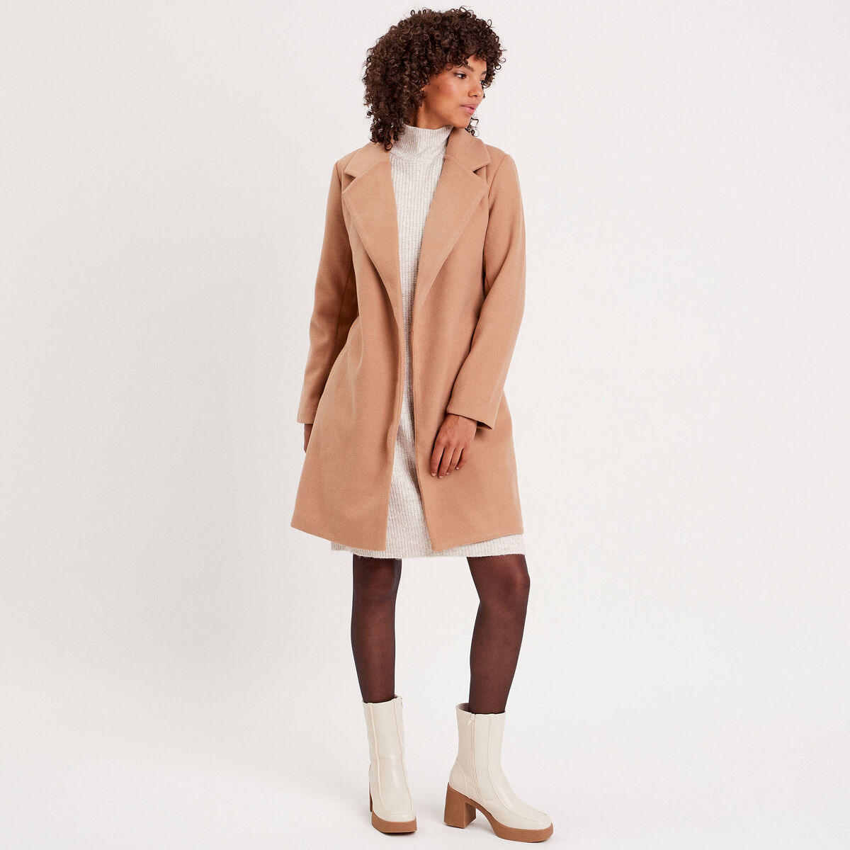 Manteau droit ceinturé camel femme