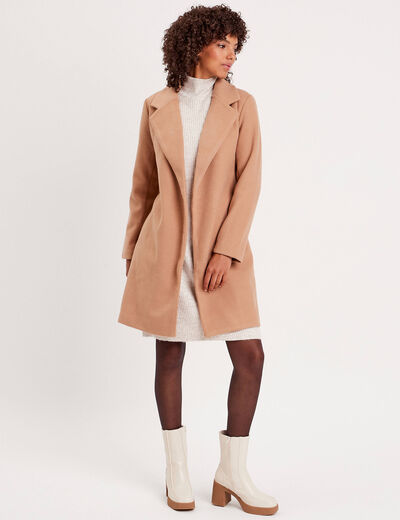 Manteau droit ceinturé camel femme