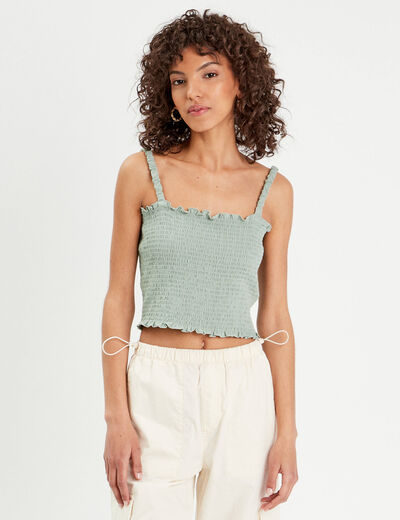 Débardeur smocké vert olive femme