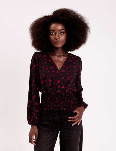 Blouse courte taille smock&eacute;e noir femme