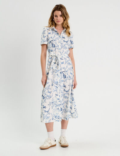 Robe chemise longue ceinturée blanc femme