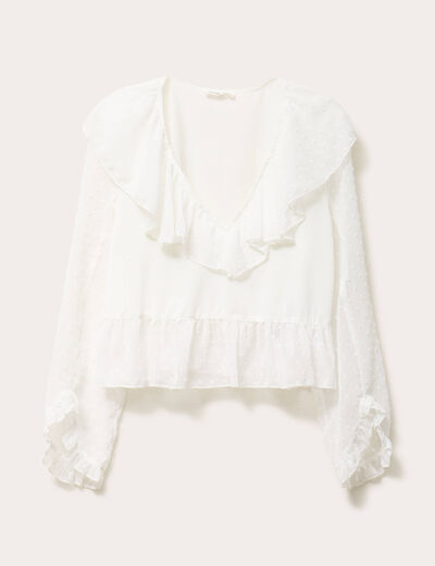 Blouse bi-mati&egrave;re oversize col v ecru femme