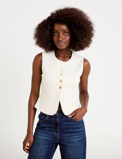 Gilet ajust&eacute; sans manches col rond ecru femme