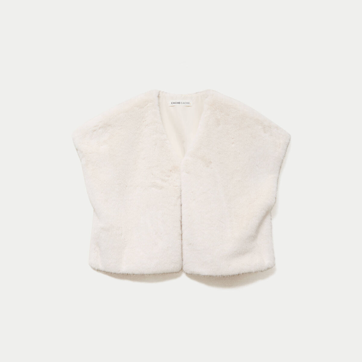Kimono sans manches fausse fourrure ecru femme