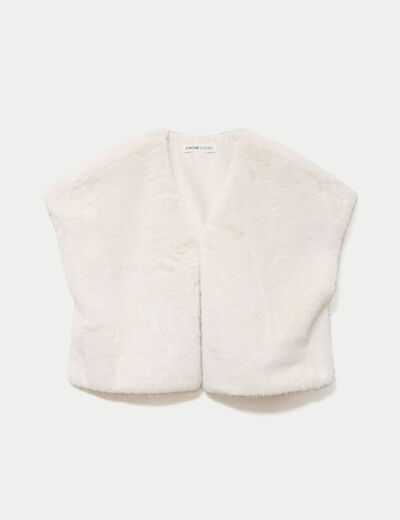 Kimono sans manches fausse fourrure ecru femme