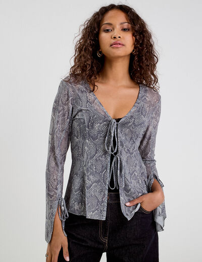 T-shirt manches longues noeuds bleu gris femme