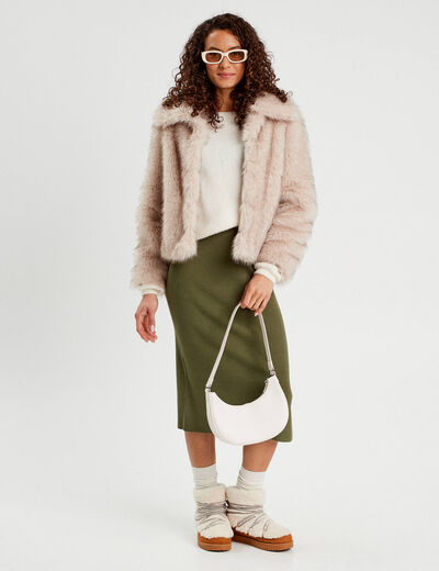 Jupe tricot midi droite vert kaki femme