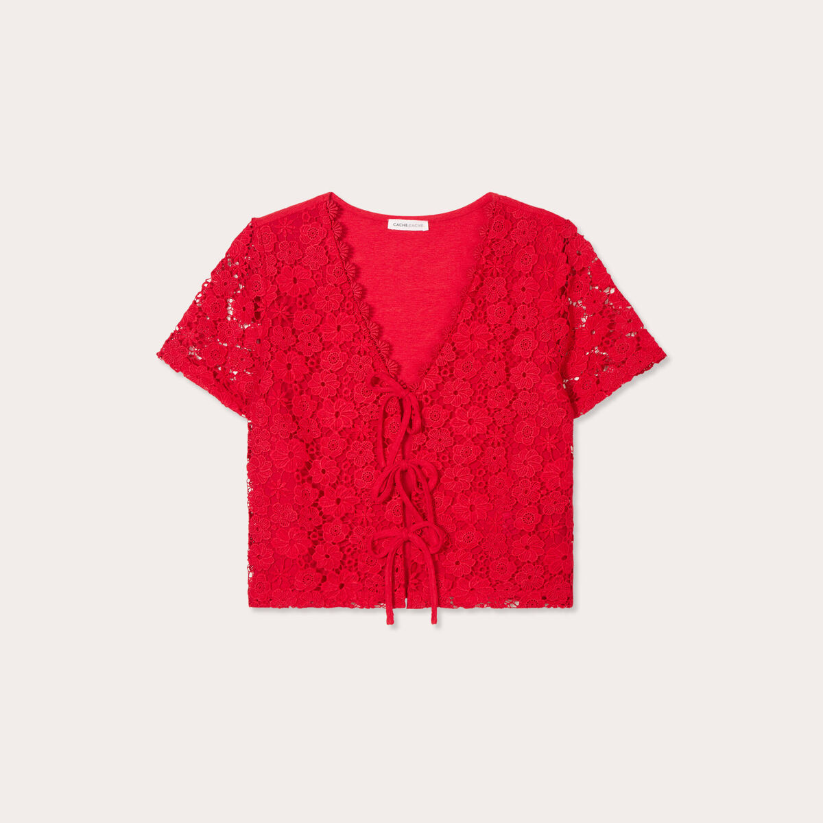 T-shirt noué dentelle guipure rouge femme