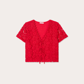 T-shirt noué dentelle guipure rouge femme