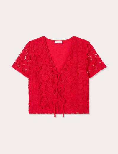 T-shirt noué dentelle guipure rouge femme