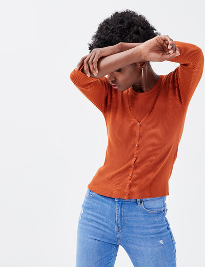 Gilet manches 3/4 boutonné marron cognac femme