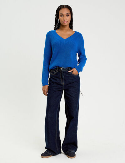 Pull col v manches longues bleu electrique femme
