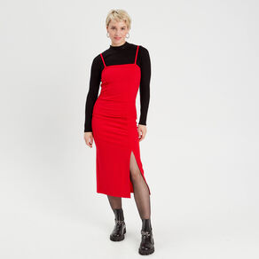 Robe longue ajustée fronces rouge femme