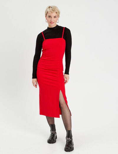 Robe longue ajustée fronces rouge femme
