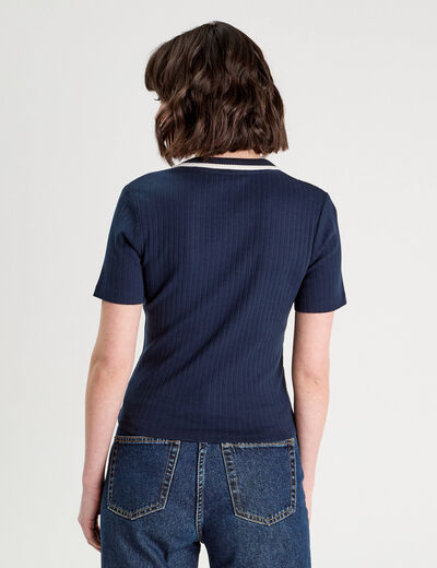 Polo côtelé manches courtes bleu marine femme