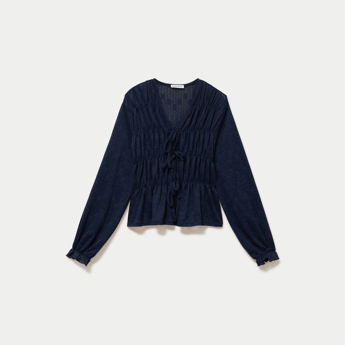 Blouse ajust&eacute;e col v dentelle pliss&eacute;e bleu marine femme