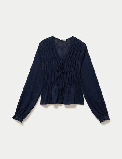 Blouse ajust&eacute;e col v dentelle pliss&eacute;e bleu marine femme