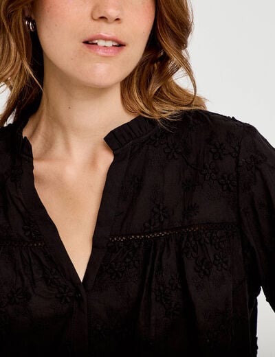 Blouse droite col rond manches longues noir femme
