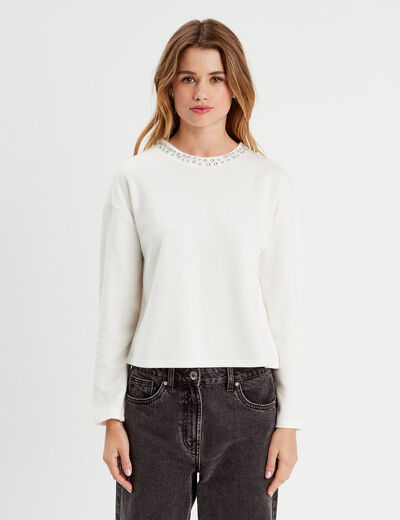 T-shirt col détails bijoux ecru femme