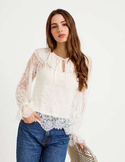 Blouse manches longues en dentelle ecru femme