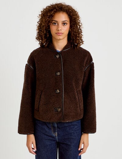 Veste effet polaire manches longues marron fonc&eacute; femme