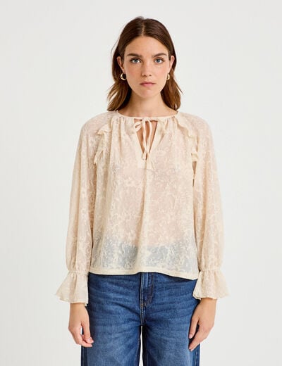 Blouse droite manches longues col rond ecru femme