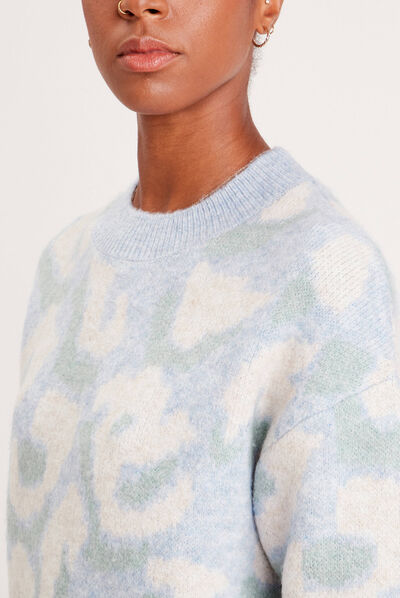 Pull manches longues col rond bleu pastel femme