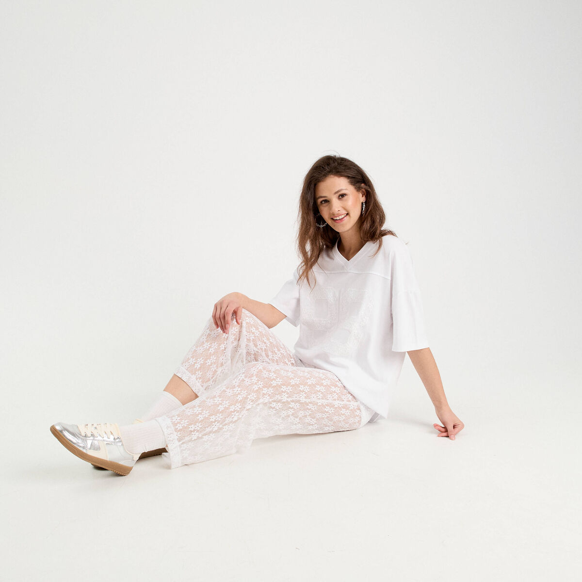Pantalon dentelle large blanc femme