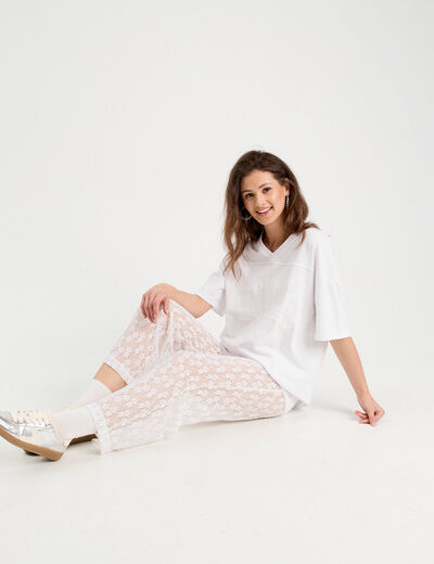 Pantalon dentelle large blanc femme