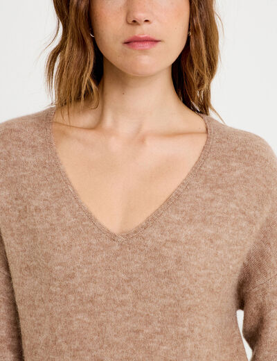 Pull avec col en V taupe femme