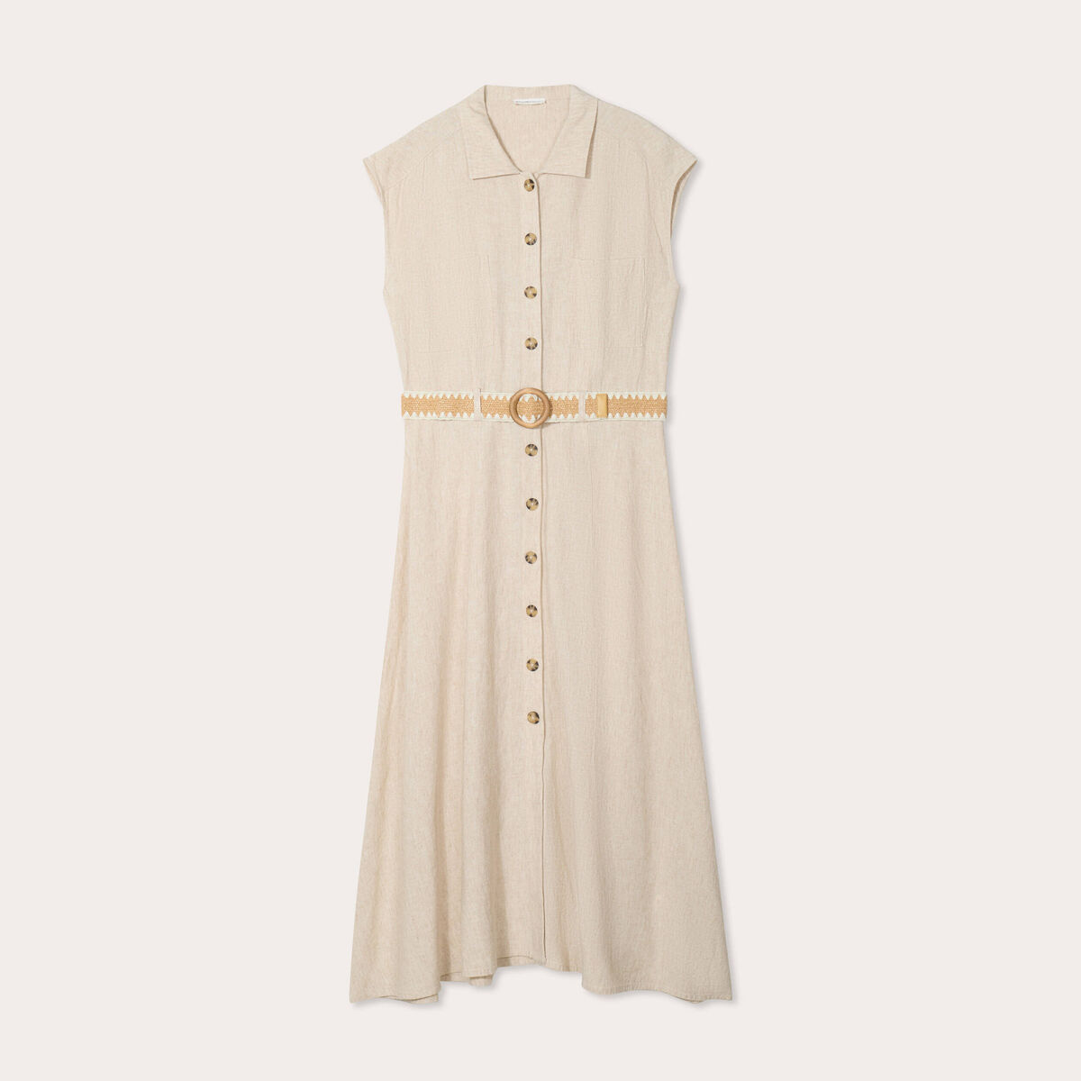 Robe chemise midi contenant du lin beige femme