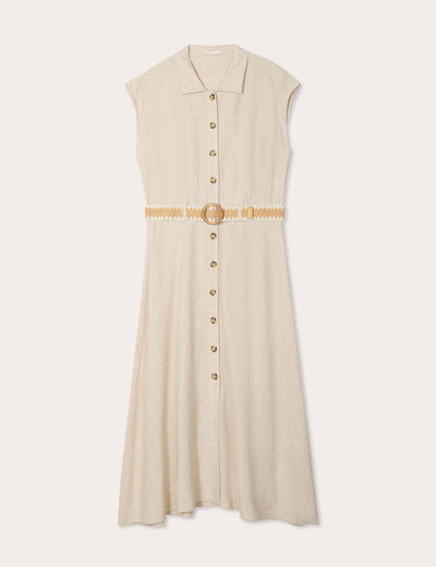 Robe chemise midi contenant du lin beige femme