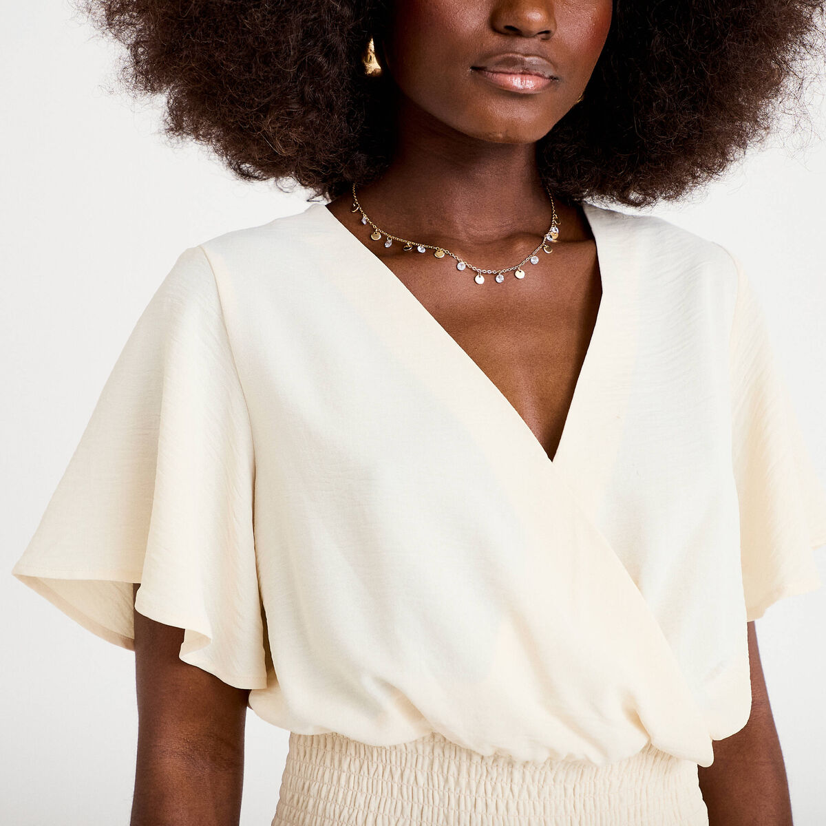 Blouse smock&eacute;e manches courtes ecru femme