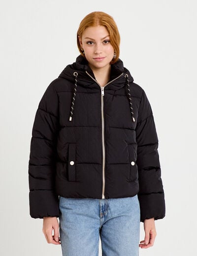 Doudoune droite cropped &agrave; capuche noir femme