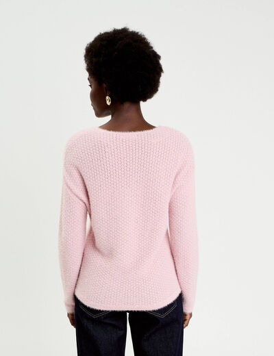 Pull col v manches longues rose pastel femme