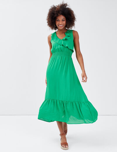 Robe longue évasée volantée vert menthe femme
