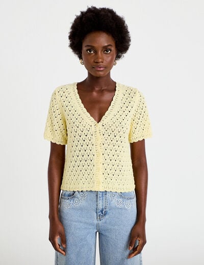 Gilet ajour&eacute; col v manches courtes jaune pastel femme