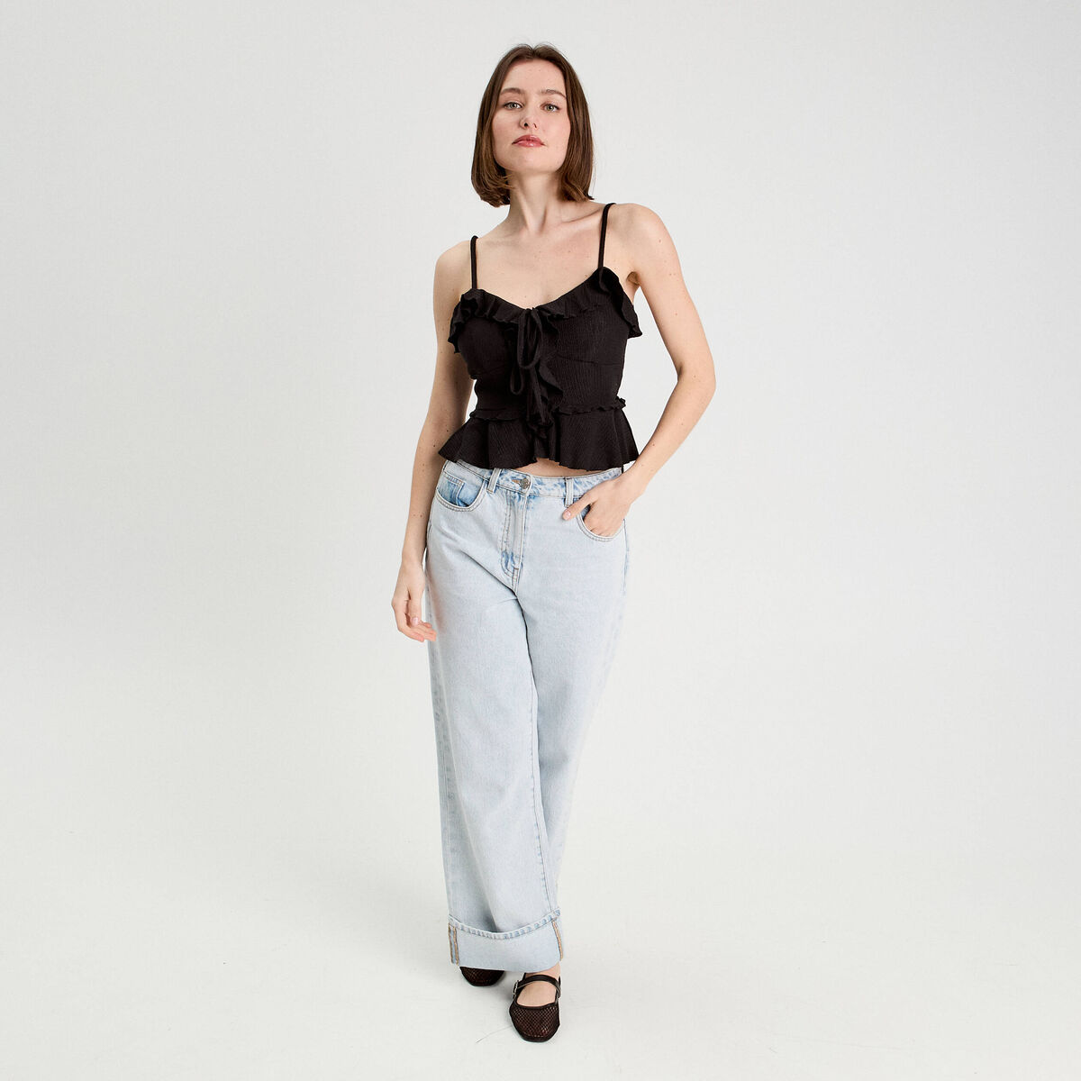 Débardeur cropped volants noir femme