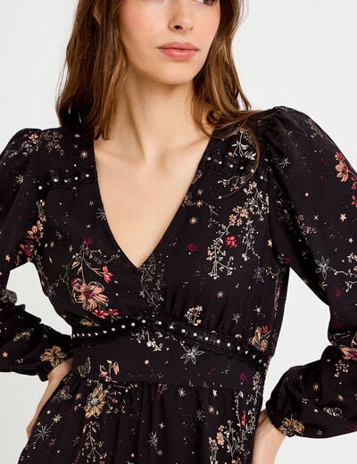 Robe courte &eacute;vas&eacute;e col v manches longues noir femme