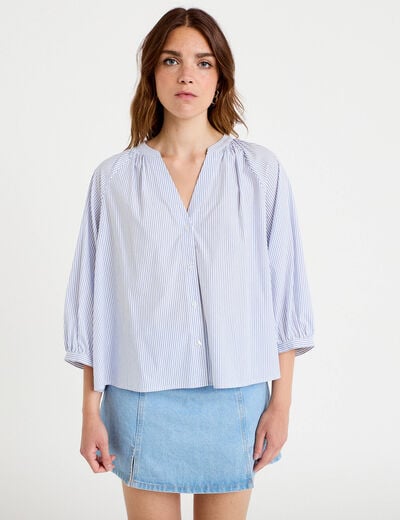 Blouse col v manches 3/4 bleu ciel femme
