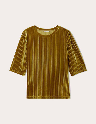 T-shirt velours plissé vert olive femme