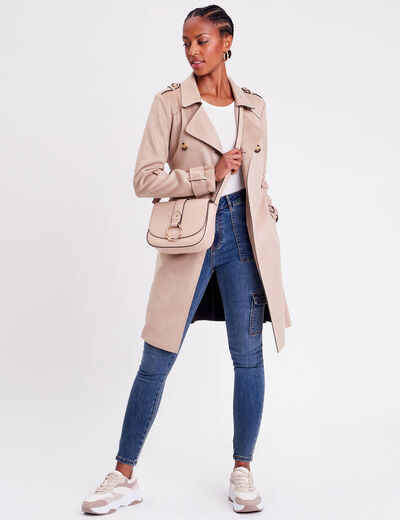 Trench long cintré suédine beige femme