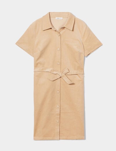 Robe droite velours ceinturée ecru femme
