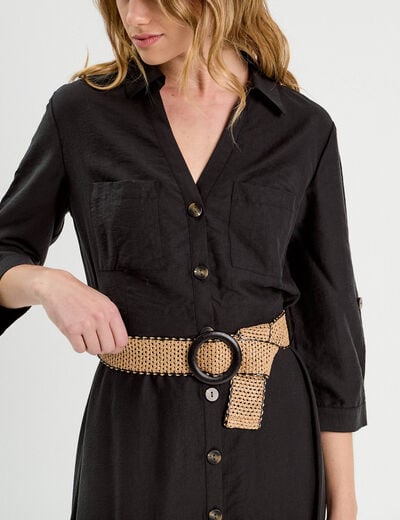 Robe longue évasée ceinturée noir femme